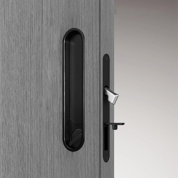 Pocket Door Handle Lock with Edge Pull, Privacy Sliding Door Lock, Matte Black - Picture 1 of 7